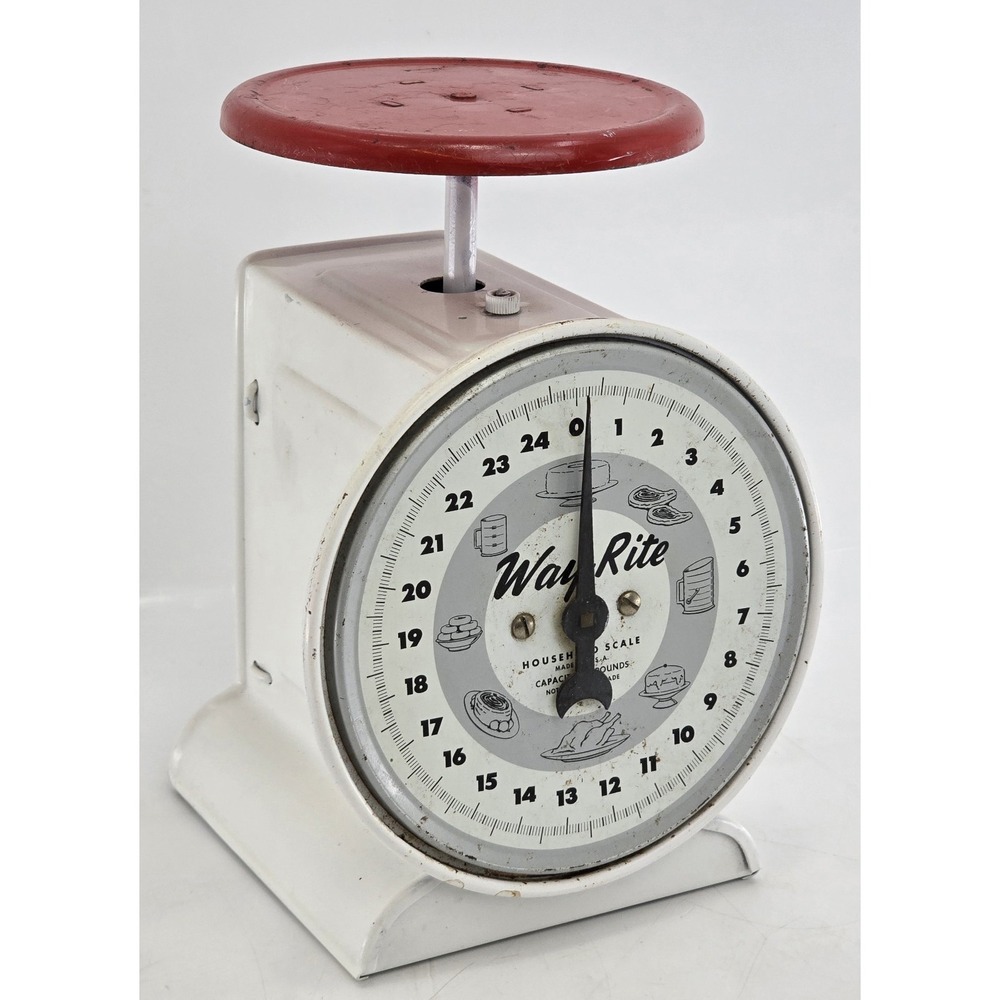 9" Antique Way Rite Kitchen Food Scale USA Red Top w Cream Base up to 25 lbs